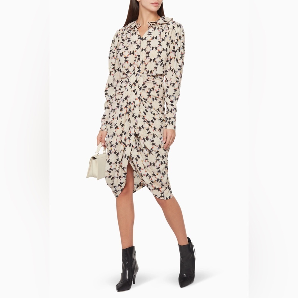 Isabel Marant Blandine Draped Geometric-Print Dress in Ivory Silk NWT Sz 40